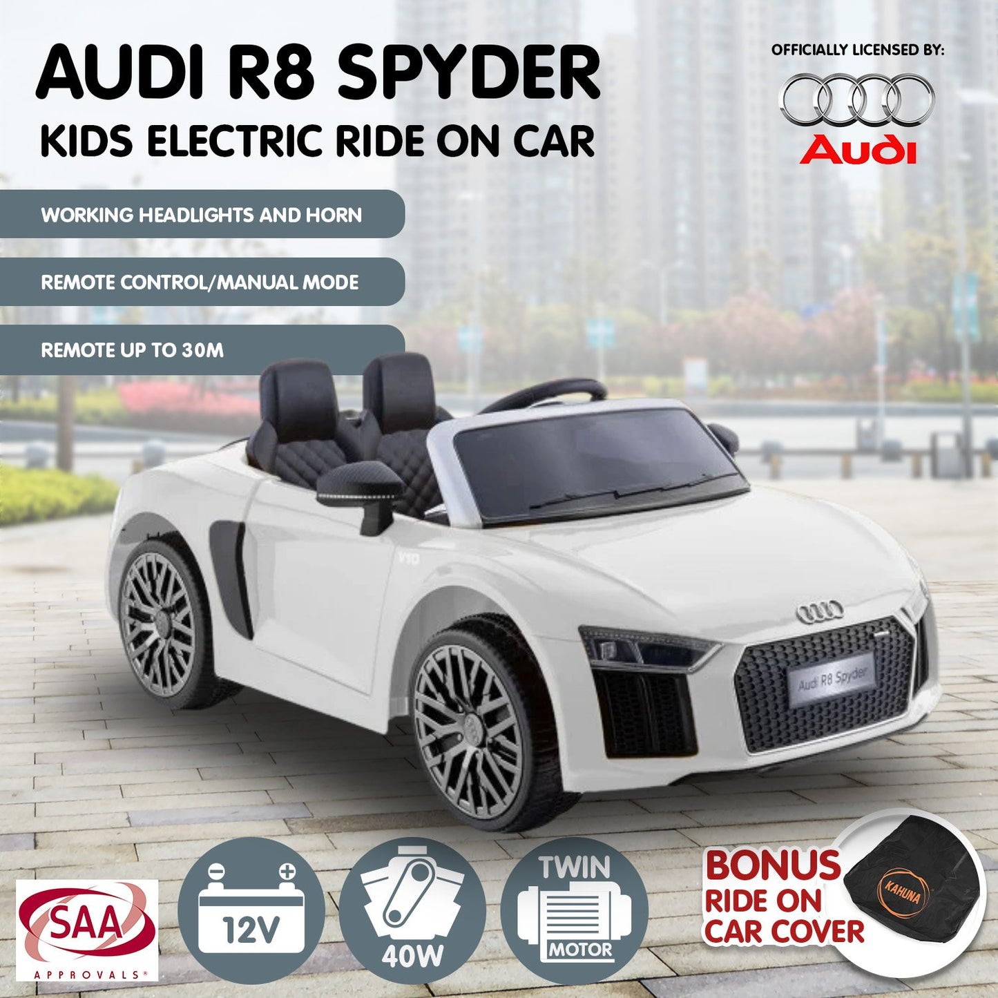 Audi R8 Spyder Licensed Kids Electric Ride On Car Remote Control - White