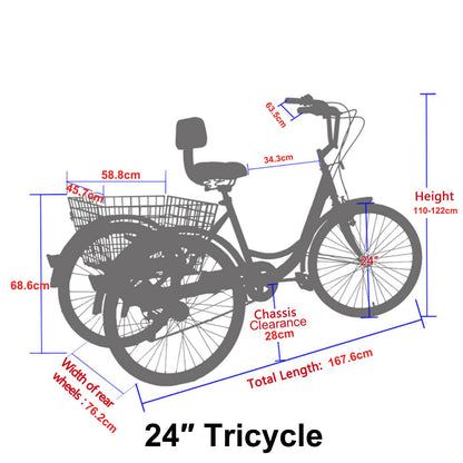 Adult Tricycles 7 Speed Adult Trikes 24 inch 3 Wheel Bikes Bicycles Cruise Trike